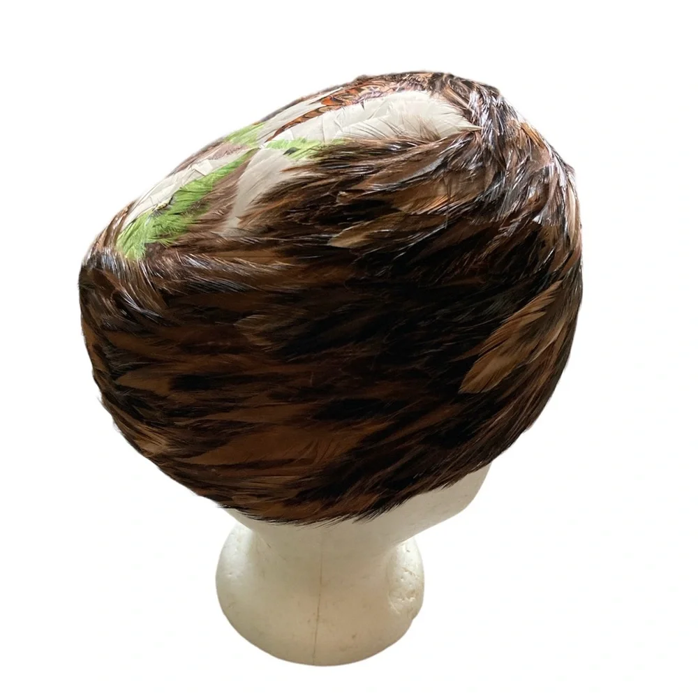 Pheasant Feather Pillbox Hat Union Made in USA Wire Support Felt Vintage Classic - Picture 7 of 7